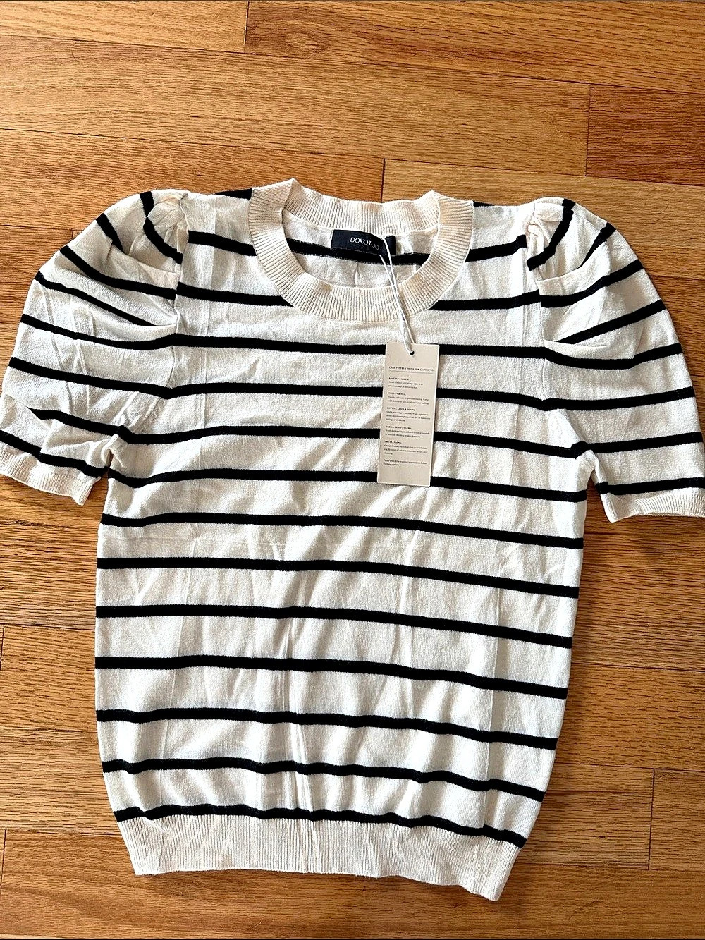 Dokotoo Stylish Striped Crewneck Short Puff Sleeve Tunic Blouse Striped Crew